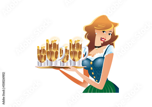 waitress with a serving tray filled up, with beer