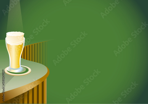 Green graphic background with a glass of foamy beer standing on a bar