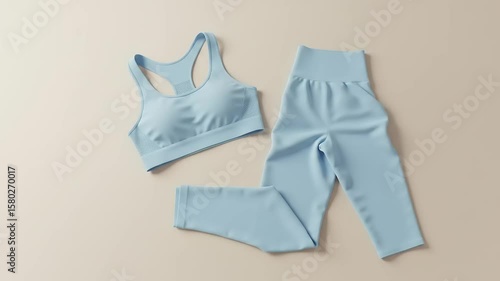 Neatly arranged light blue sports bra and leggings on a neutral background, showcasing activewear styling