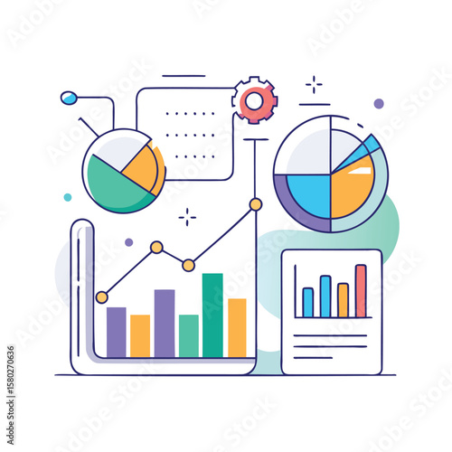 Abstract flat design illustration of data analysis charts and graphs with gears