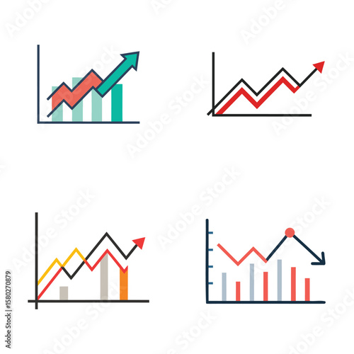 Collection of four flat design style business growth and decline charts