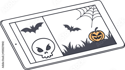 A tablet displays a spooky halloween scene with a skull bats a jack o lantern and a spiderweb representing digital holiday entertainment and themes