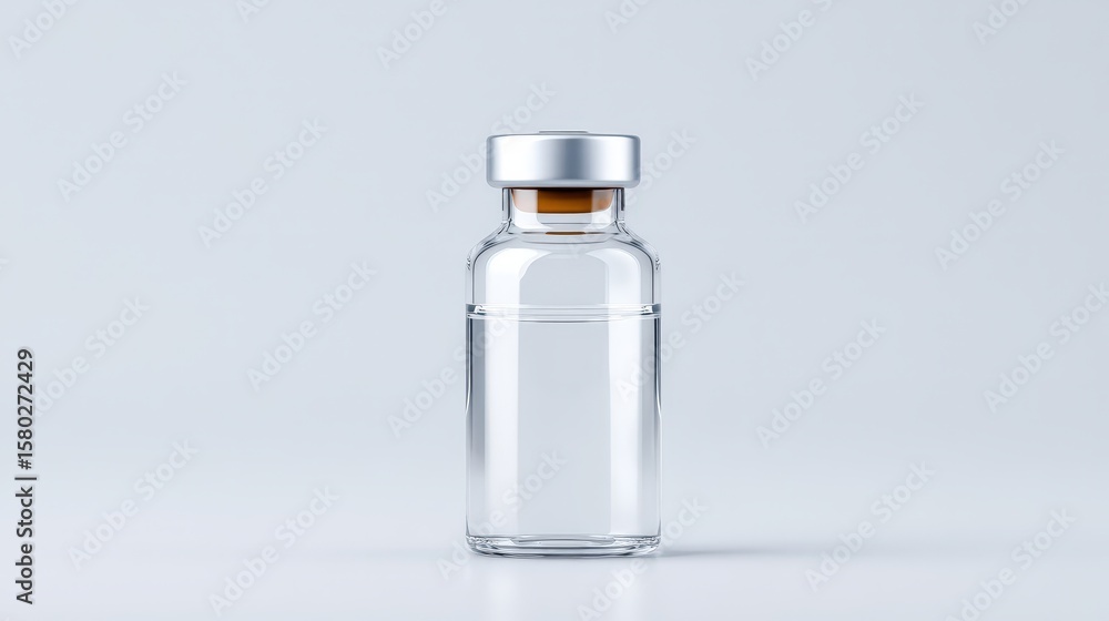 Clear glass vial with metal cap containing liquid on white background Clear glass vial with metal cap containing liquid on white background