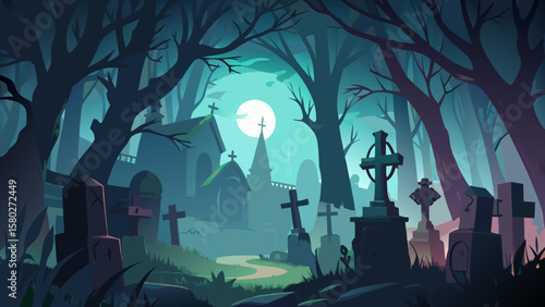 Illustration of a spooky graveyard with tombstones and a church under the moonlight at night time
