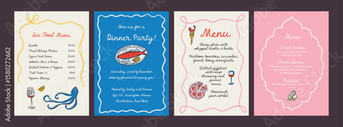 Whimsical hand drawn sea food poster and menu template in trendy whimsical style. Perfect doodle for quirky italian dinner  restaurant and cafe, kitchen wall art, poster,  party, birthday, sign