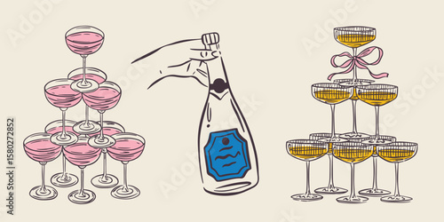 Whimsical hand drawn bar menu illustrations in trendy whimsical style. Perfect doodle for quirky italian wedding holiday, poster, dinner and bar menu, bachelorette party, birthday invitation, sign.