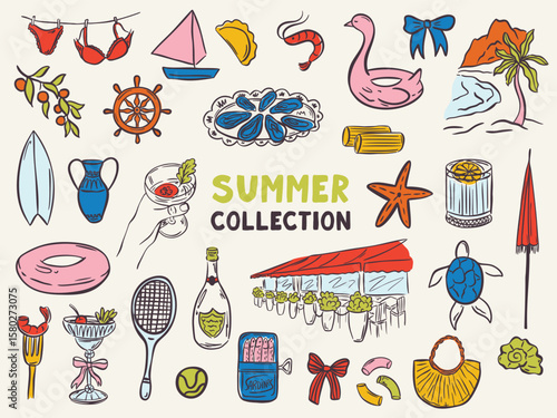 Whimsical hand drawn summer illustrations in trendy hand drawn style. Perfect doodle for quirky italian greece wedding  poster, dinner and bar menu, bachelorette party, birthday invitation, sign