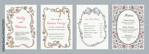 Set of spring whimsical hand-drawn pink blue orange green color frames with flowers and bows in trendy, vintage styles. Perfect for quirky holiday, wedding, birthday gift decorations