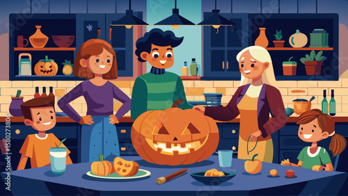 Family carving a jack o lantern pumpkin together in a kitchen with decorative halloween elements