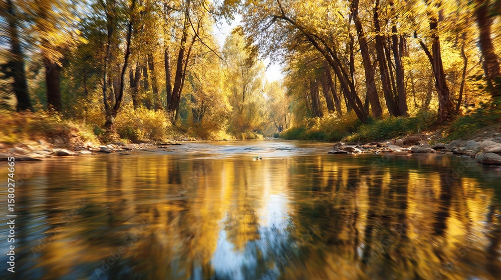 Obraz premium Blurred scenic forest and calm river on bright sunny autumn day