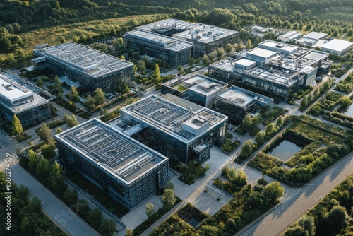 Aerial View of a Sprawling Data Center Campus in Natural Environment