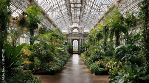 Lush conservatory interior with glass roof