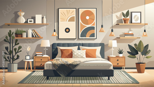 Contemporary bedroom interior with neutral wall art trio and Scandinavian design elements Very beautiful