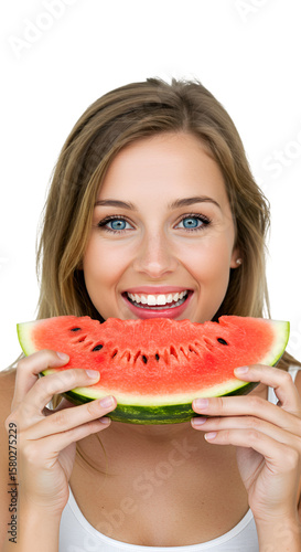 Portrait Of A Smiling Woman Holding A Slice Of Watermelon PNG