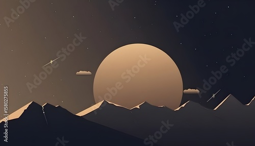  A bright moon illuminates rugged mountains, partially obscured by soft, fluffy clouds in a serene night sky.