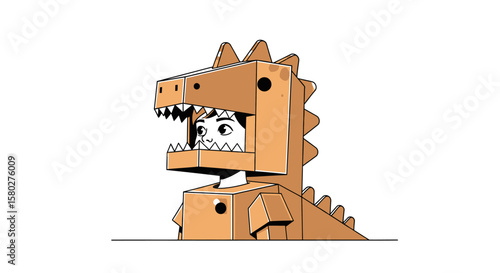 Flat vektor - Child wearing a cardboard dinosaur costume, profile view, simple design.
