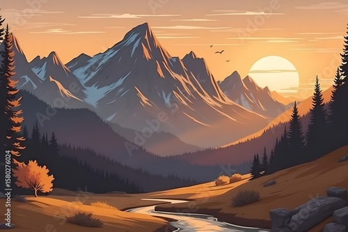 A picturesque mountain landscape illustration showcasing a winding stream surrounded by towering peaks and vibrant foliage.