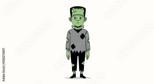 A cartoon illustration of a green Frankenstein monster character, standing upright and looking forward.