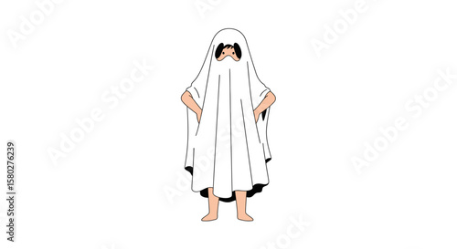 Flat vector illustration of a kid wearing a bedsheet ghost costume, standing proudly with arms akimbo. Minimalist style, white background.