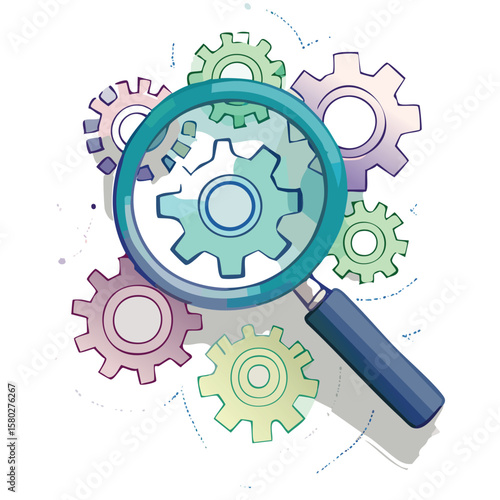 ultra minimal line art icon, magnifying glass and gears, outline only, clean white background, dark gray lines, tiny accents of light green and lavender blue, website vector icon
