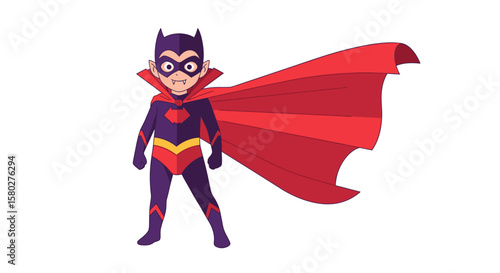 A young superhero character with a red cape, standing confidently, ready for action.