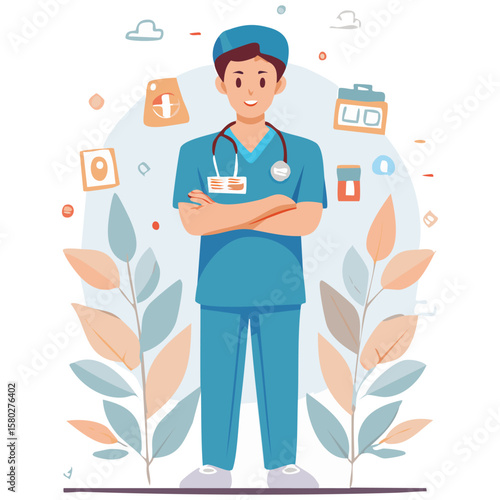 Flat illustration of a male nurse wearing scrubs and a badge, standing with arms crossed, simple background, clean lines, solid colors, minimal shading, modern vector style, confident and approachable