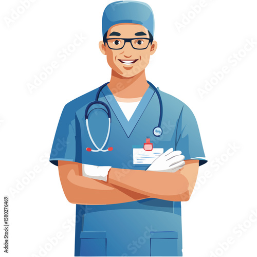 Flat illustration of a male nurse wearing scrubs and a badge, standing with arms crossed, simple background, clean lines, solid colors, minimal shading, modern vector style, confident and approachable