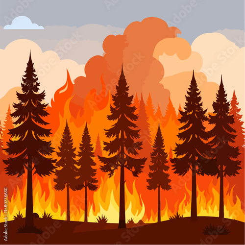 Cartoon illustration showing a forest fire with tall flames engulfing evergreen trees, with smoke filling the sky, conveying a message about wildfires and environmental disasters.