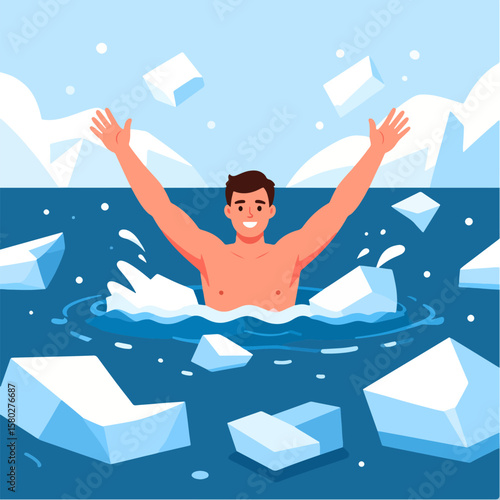 Smiling man bravely enters icy water surrounded by icebergs, showcasing winter swimming, cold exposure therapy, and resilience against the cold in a minimalist style.