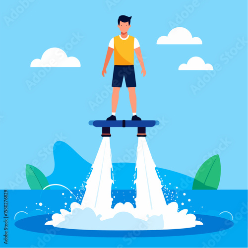 Flat vector illustration of a man flyboarding over the ocean on a sunny day with white clouds in the blue sky, showcasing summer water sport activity.