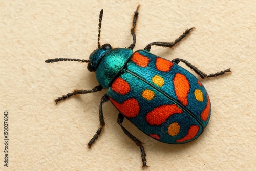 A vibrant blue beetle with orange spots stands out against a textured backdrop, showcasing nature's intricate patterns and colors