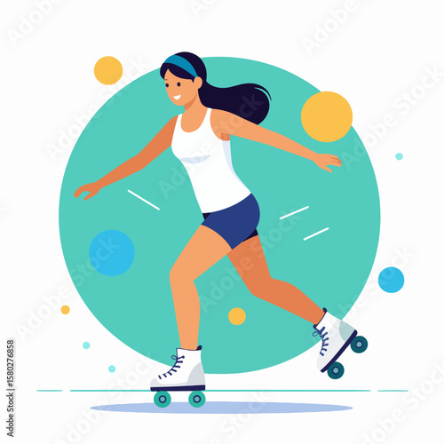 An athletic young woman enjoys roller skating on a bright, colorful background, promoting fitness, fun, and an active lifestyle with a retro-inspired theme.