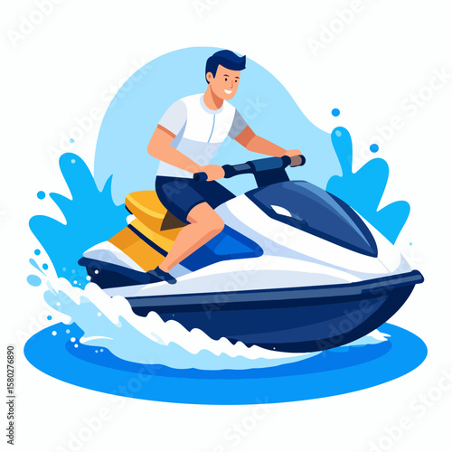 Vector illustration of a happy young man enjoying a summer day, riding a jet ski with water splashing around him, conveying a sense of freedom and adventure.