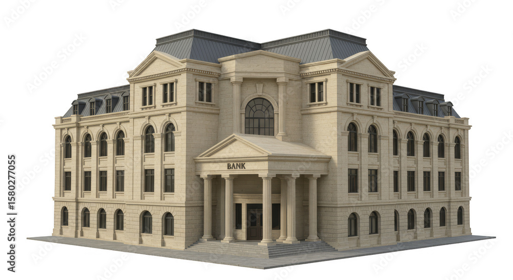 Fototapeta premium Realistic 3D Building Facade Stone House Urban Design Transparent Isolated