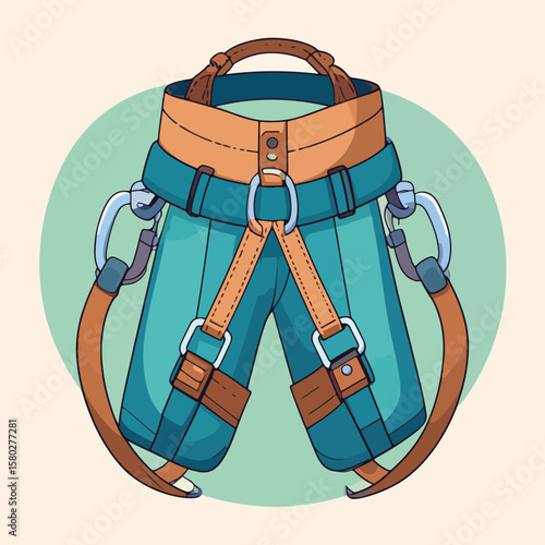 Illustration of a climbing harness, a vital piece of safety equipment for rock climbing, mountaineering, and rappelling, shown against a soft green background.
