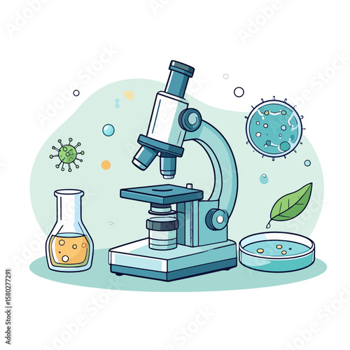 An illustration depicting scientific research, featuring a microscope, petri dish, Erlenmeyer flask, viruses and a leaf on a light green abstract background.