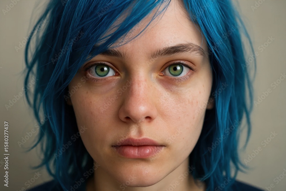 Fototapeta premium A portrait of youthful determination, captured in a close-up shot that highlights the vibrant blue hair and striking green eyes