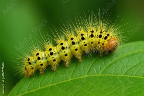 A vibrant yellow caterpillar with black spots is captured in mid-motion on a lush green leaf, embodying the dynamic energy of nature