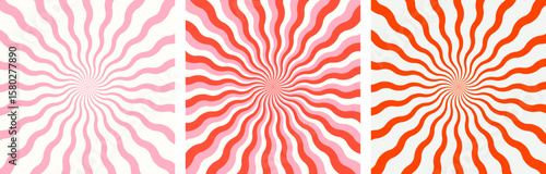 Wavy spiral abstract background set. Radial stripes, sunburst, explosion, or surprise manga style effect. Lollipop, candy, yogurt, or ice cream print. Red and white colors. Vector illustration.