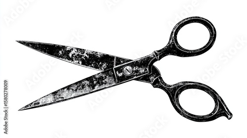 Engraving sketch of vintage scissors with open blades and textured handles in retro black and white style