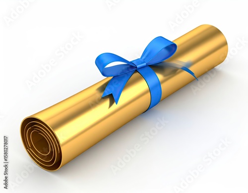 Golden Scroll with Blue Ribbon Isolated on White Background