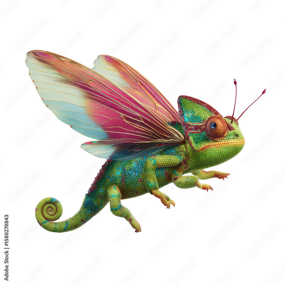 Fototapeta premium A whical green chameleon with iridescent butterfly wings and spiral tail floats on a white background, showcasing nature's unique fantasy creature.