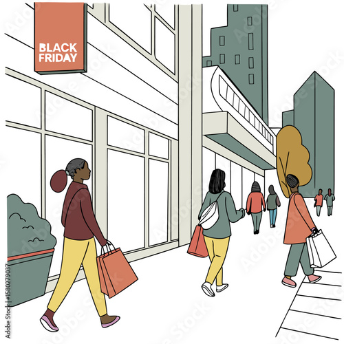 People with shopping bags walk down a city street on black friday with store windows and buildings in the background