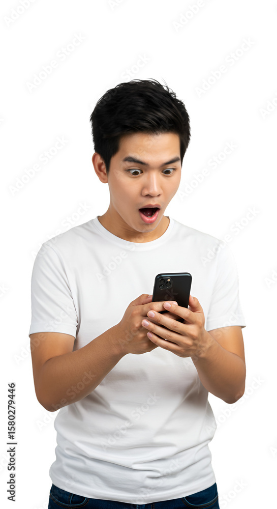 Shocked Young Asian Man Holding Phone in White Shirt With Transparent Background Shocked Young Asian Man Holding Phone in White Shirt With Transparent Background