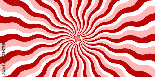 Vibrant red, pink and white hypnotic swirl background with wavy sunburst lines. Retro psychedelic pattern for posters, packaging, party themes, or holiday designs. Eye-catching abstract art