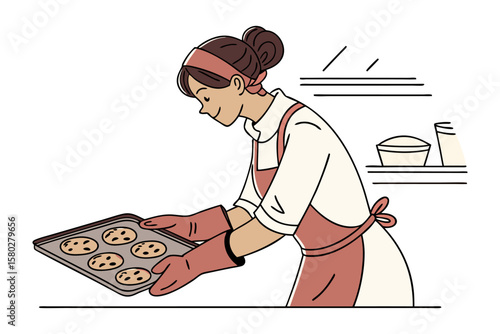 Joyful baker proudly presents freshly baked chocolate chip cookies straight from the oven