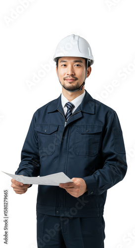 Portrait of Asian Engineer in Uniform Smiling on Transparent BG