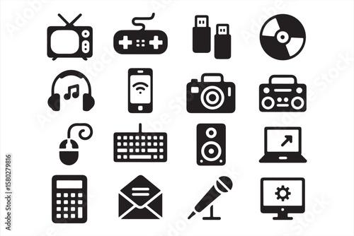 Collection of Tech Icons Representing Gadgets and Digital Devices like TV, Game Controller, Phone, Camera, and More