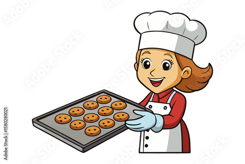 Smiling cartoon chef woman proudly presents a baking sheet filled with deliciously decorated smiley face cookies