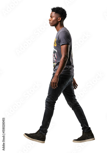 Isolated Portrait of African Young Man Walking in Casual Wear on Transparent